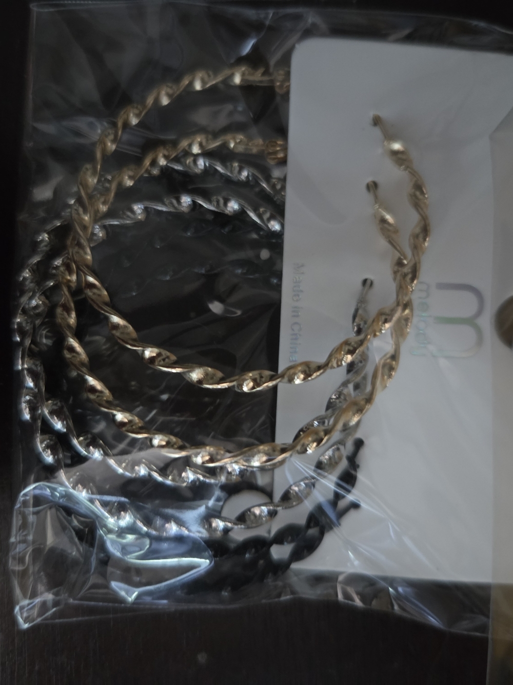 Twisted Metal Hoop Earrings - Gold Black And Silver Tone
